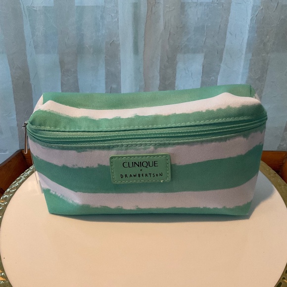 New Clinique x Drawbertson Green & White Cosmetic Bag NWT - Picture 1 of 7